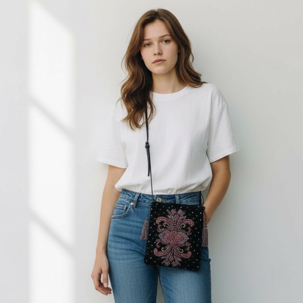 Vintage Beaded Embroidered Black and Pink Velvet Crossbody Bag